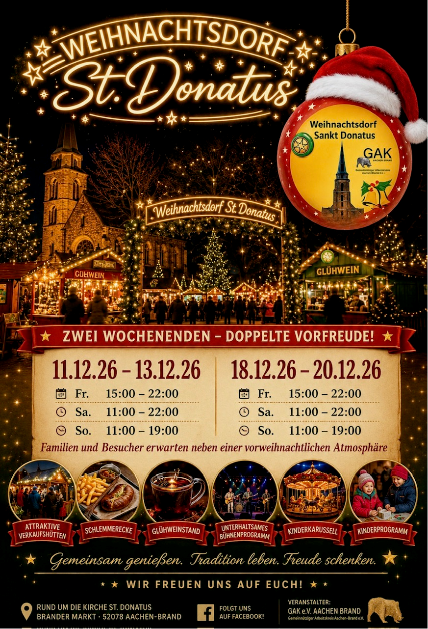 Veranstaltungsplakat: Weihnachtsdorf St. Donatus am 11. bis 13. Dezember sowie 18. bis 20. Dezember 2026